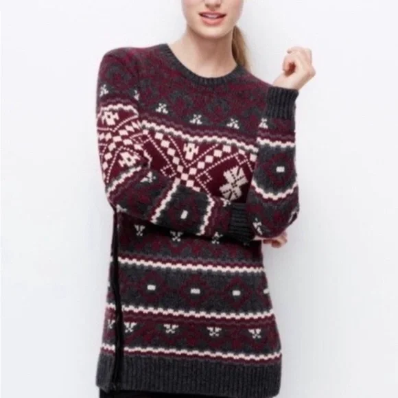 Women's Patterned Sweater - Burgundy and Cream - Picture 1 of 7